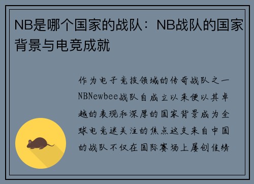 NB是哪个国家的战队：NB战队的国家背景与电竞成就