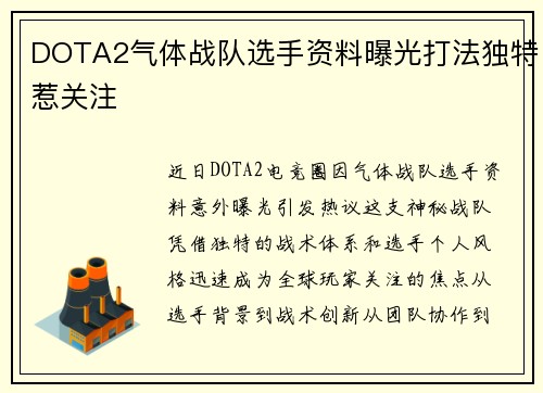 DOTA2气体战队选手资料曝光打法独特惹关注