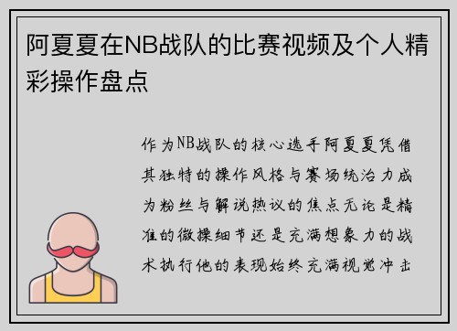 阿夏夏在NB战队的比赛视频及个人精彩操作盘点