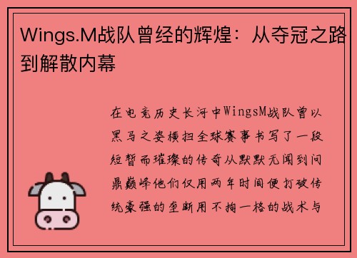 Wings.M战队曾经的辉煌：从夺冠之路到解散内幕
