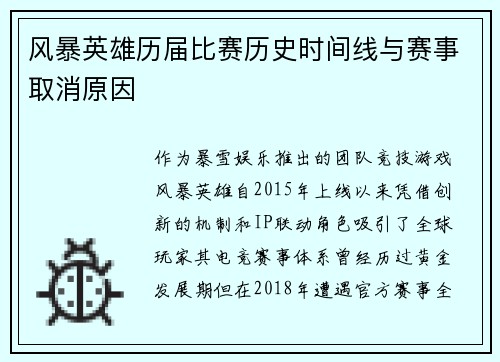 风暴英雄历届比赛历史时间线与赛事取消原因