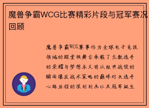 魔兽争霸WCG比赛精彩片段与冠军赛况回顾